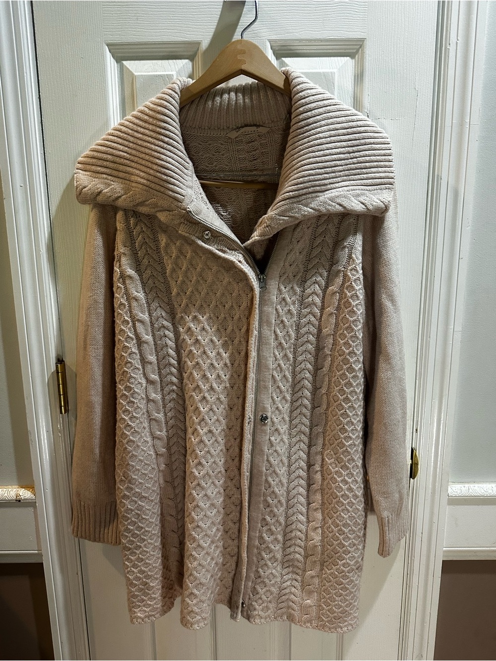 Soft Surroundings Cream Cable Knit Cardigan Jacket Duster Wool Full Zip Snap L